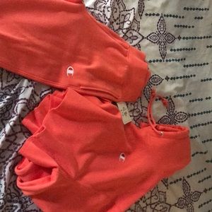 Coral champions sweat pants and hooded crop top